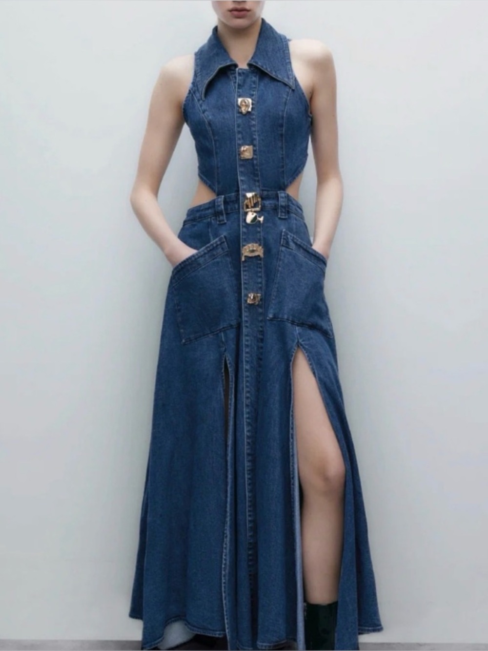 Urban Revivo Blue Denim Cutout Maxi Skirt Jeans Dress with Front Slits xs/sm 0-2